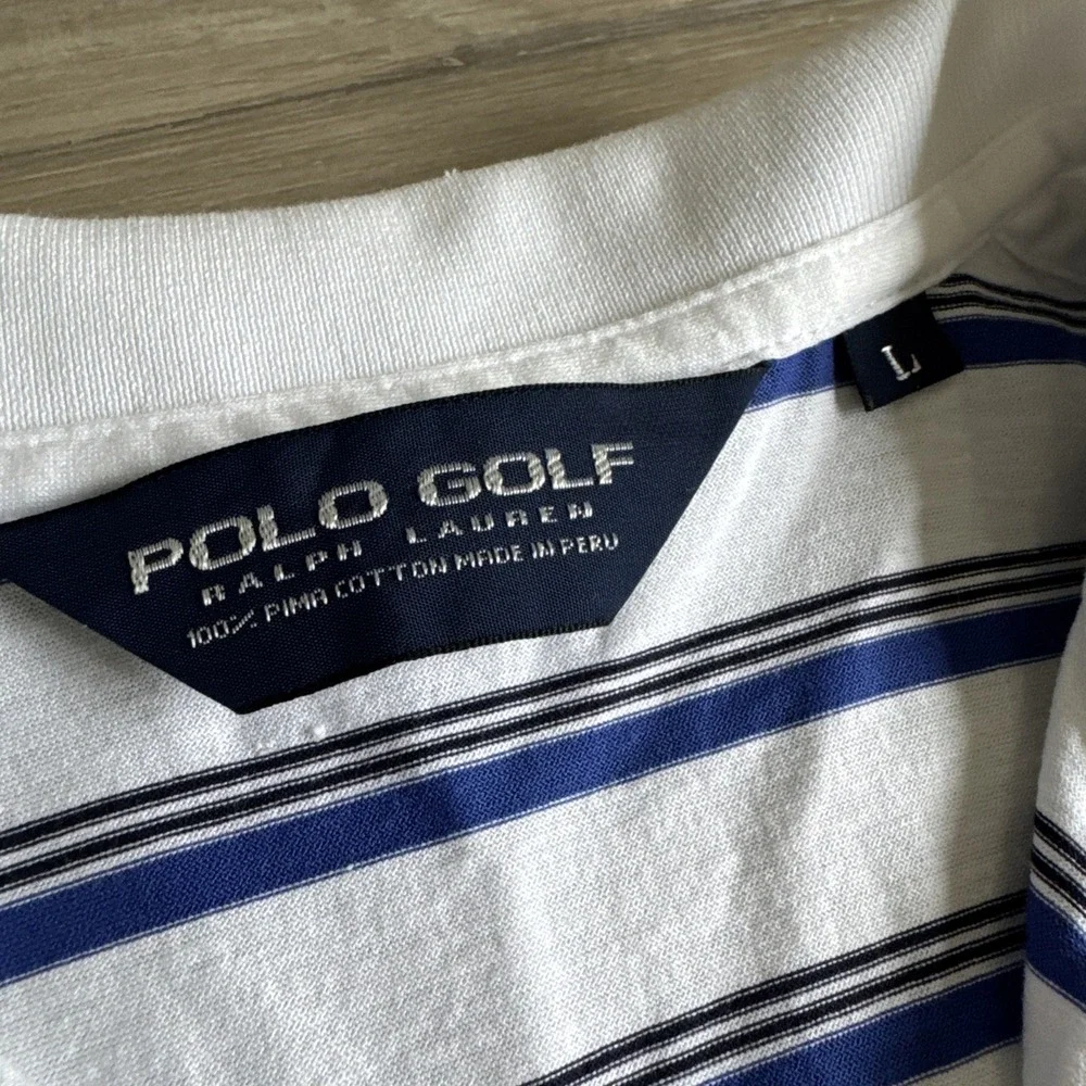 Ralph Lauren Polo Golf Cotton Shirt Men's L White‎ Blue Stripe Short Sleeve